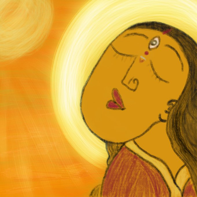 A stylized portrait of a woman with long brown hair, painted in warm yellow and orange tones against a swirling sun-like background, gazes upward. The dreamy, radiant artwork complements the introspective "What is love" quote, evoking a sense of wonder and contemplation about love's meaning.