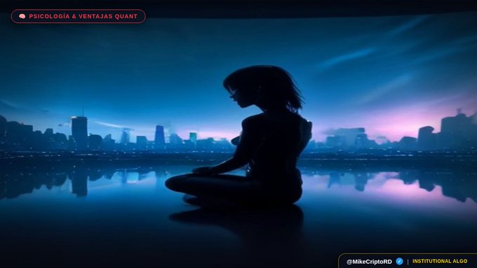 A digital illustration shows the silhouette of a woman meditating cross-legged against a glowing blue and purple city skyline at night, with text reading 'PSICOLOGIA & VENTAJAS QUANT' and '@MikeCryptoRD'.