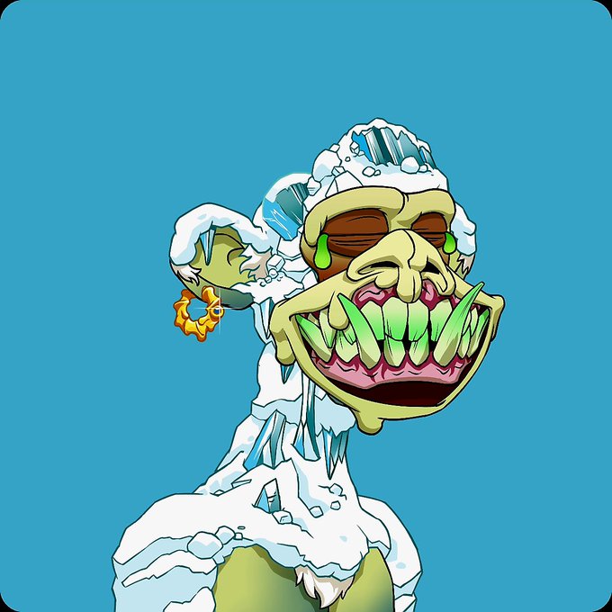 A cartoon illustration of a grotesque, grinning creature with green jagged teeth, a snowy/icy texture on its body, and a donut earring against a blue background.
