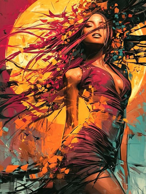 A vibrant digital painting of a woman with flowing magenta hair against a large yellow moon, with colorful abstract brushstrokes in red, orange, and teal.