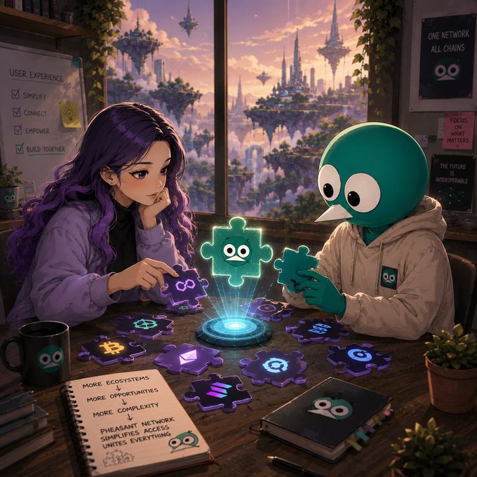 An anime-style illustration showing a purple-haired character and a green mascot building a glowing puzzle piece together at a desk, with notes about user experience and network ecosystems visible around them.