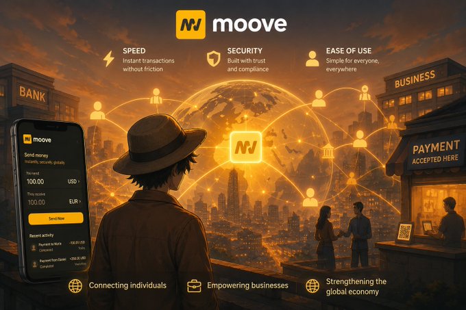 A promotional graphic for 'moove' highlights features like Speed, Security, and Ease of Use, showing a phone with a money transfer screen alongside cityscape imagery and tags like 'BANK,' 'BUSINESS,' and 'PAYMENT ACCEPTED HERE.'