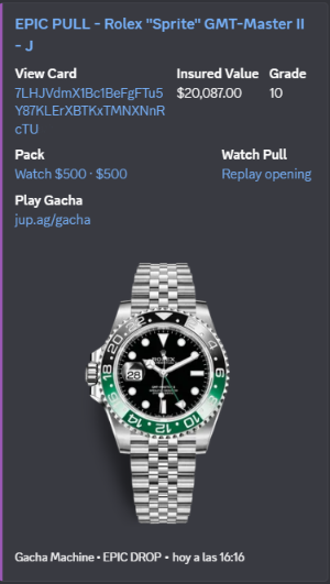 A mobile app screen announces an 'EPIC PULL - Rolex "Sprite" GMT-Master II' with an insured value of $20,087.00 and a watch cost of $500.