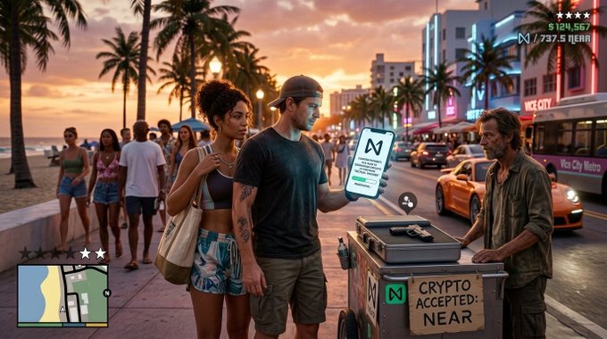 An AI-generated image in a video game style (like GTA Vice City) showing a man holding a phone with the 'N' (Near) protocol logo while a street vendor accepts 'CRYPTO', with a 'VICE CITY' bus in the background.