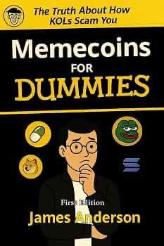 A book cover titled 'Memecoins FOR DUMMIES: The Truth About How KOLs Scam You' by James Anderson, First Edition, featuring a cartoon character with Pepe the Frog imagery.