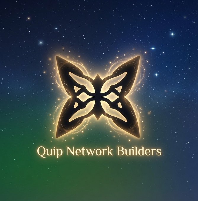 A glowing golden butterfly logo with the text 'Quip Network Builders' set against a starry night sky background with green and blue hues.