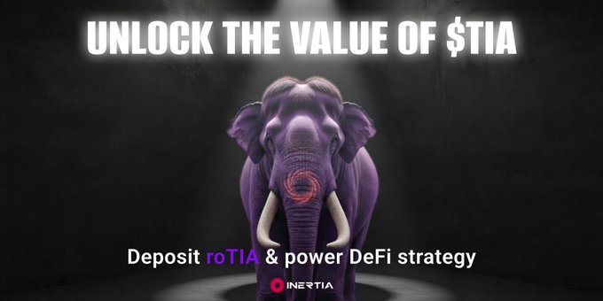 The image features a purple elephant standing against a black background. The elephant appears to be facing towards the viewer, giving an impression of being ready to interact or respond to something. Below the elephant, there's text that reads "Unlock the value of $TIA". This suggests that the elephant is part of a promotional campaign for Inertia, which aims to promote their roTIA and power DeFi strategy. The image also includes a link to the Inertia website, where users can learn more about the roTIA strategy or even participate in a roTIA challenge.