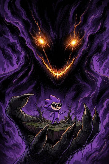 A dramatic digital artwork depicting a small purple cartoon character standing on a floating island with barren trees, facing a massive shadowy monster with glowing orange eyes and claw hands emerging from purple flames.