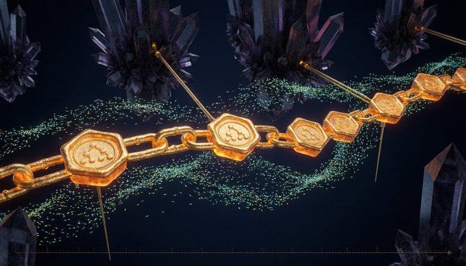 A stylized 3D rendering of a golden chain with hexagonal medallions floating against a dark background with crystal-like structures and shimmering green particle effects.