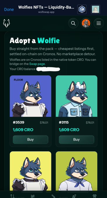 A mobile screenshot of the 'Wolfies NFTs - Liquidity-Back' page on wolfswap.app showing cartoon wolf characters available for purchase with CRO tokens at 1,609 CRO each.
