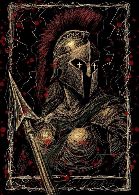 A dark, sketchy digital illustration depicts a warrior in a crested helmet with cross-shaped eye slits, holding a spear, surrounded by red splatters and jagged lines.