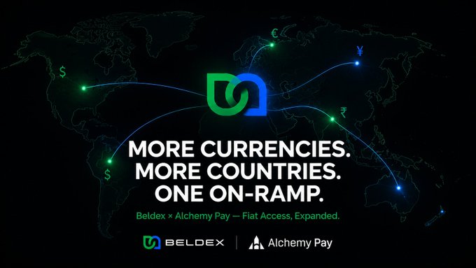 Promotional banner for Beldex × Alchemy Pay partnership with the text "MORE CURRENCIES. MORE COUNTRIES. ONE ON-RAMP. Beldex × Alchemy Pay — Fiat Access, Expanded." displayed over a dark world map.