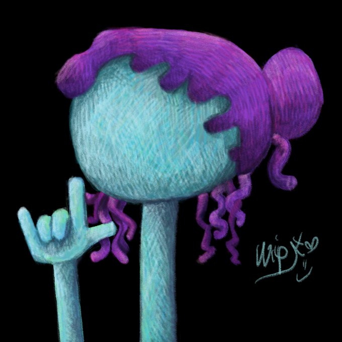 A digital artwork of a figure with purple hair and a blue face making a hand gesture against a black background, with a signature in the corner.