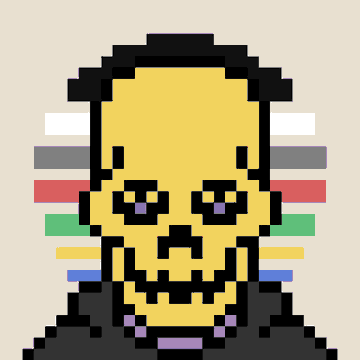 A pixel art portrait depicts a yellow-skinned figure with purple eyes, wearing a black suit and a purple bow tie, set against a background of colorful horizontal stripes.