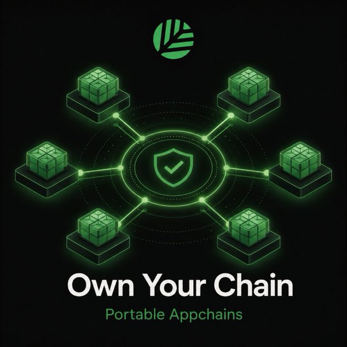 Promotional graphic with a green network diagram and shield icon, displaying the text "Own Your Chain" and "Portable Appchains."