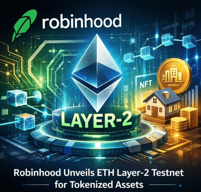 A promotional graphic for Robinhood announcing an Ethereum Layer-2 testnet for tokenized assets, featuring the Robinhood logo, ETH symbol, and NFT and real estate imagery with the text 'Robinhood Unveils ETH Layer-2 Testnet for Tokenized Assets.'