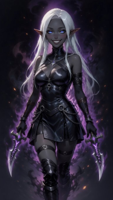 A dark elf character with long white hair, glowing blue eyes, and pointed ears stands against a purple smoky background, wielding two glowing daggers while wearing black leather attire. The image appears to be concept art for a new version of a character named Usagi, fitting the post's mention of a possible character redesign.