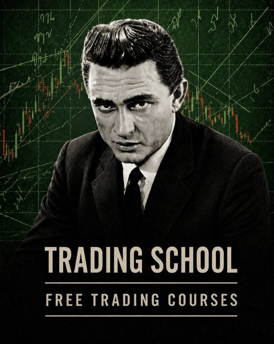 A vintage-style black and white portrait of a sharp-dressed man with slicked-back hair is overlaid on a green stock chart background, with the bold text "TRADING SCHOOL" and "FREE TRADING COURSES" displayed below. The image promotes the upcoming launch of a free trading school, using a classic, serious aesthetic to convey expertise and trustworthiness in financial education.