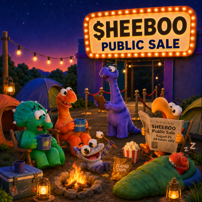A cartoonish "SHEEBOO PUBLIC SALE" advertisement features colorful dinosaur-like creatures gathered around a campfire with popcorn and bags of "CLAYNO CHIPS," with a newspaper showing "August 25 48 hours only."