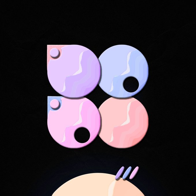 A digital illustration on a black background featuring four glossy, abstract shapes resembling letters or numbers in pastel purple, blue, pink, and peach colors.