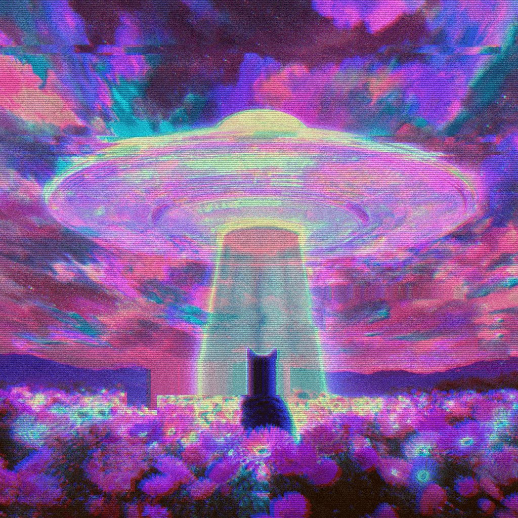 The image features a cat sitting in front of an alien spaceship, which appears to be floating above a field filled with purple flowers. The cat seems to be looking up at the spaceship, possibly intrigued by its presence or the idea that it might be on another planet. The photo has a grainy appearance and is labeled as a "lookup" image posted on social media platforms.