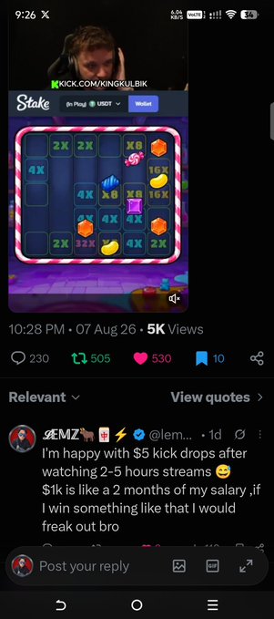 A Twitter/X post from @kingkulbik showing a Stake casino slot game stream viewed 5K times, with a comment from @lem... saying they're happy with $5 Kick drops after watching 2-5 hour streams, comparing $1k to 2 months of salary.