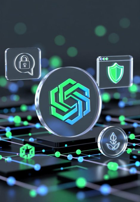 A 3D digital illustration featuring a central green and blue geometric logo on a circular platform, surrounded by floating icons representing security (padlock in a chat bubble), browser protection (shield in a window), and a stylized plant emblem, all set on a grid of glowing green and blue nodes.
