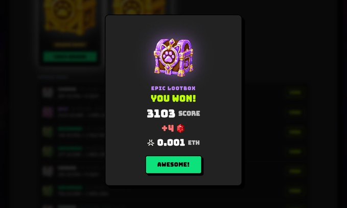 A digital game popup displays "EPIC LOOTBOX YOU WON!" with a score of 3103 and a reward of +4 alongside 0.001 ETH, featuring an "AWESOME!" confirmation button.