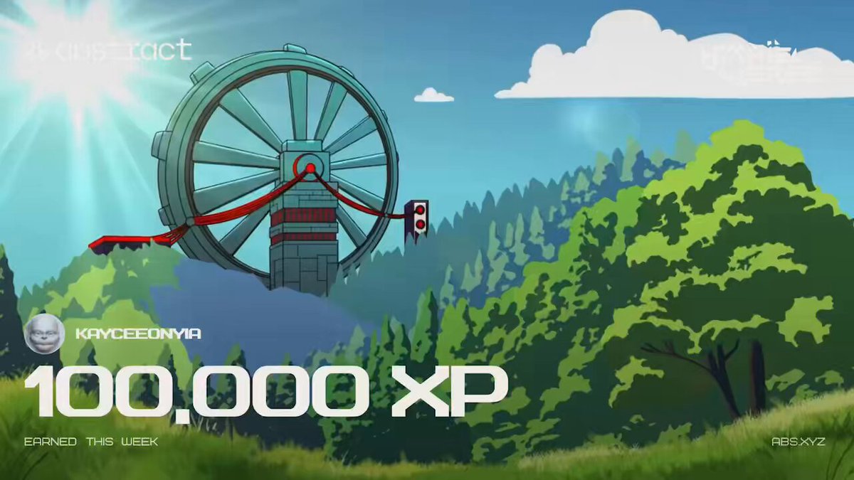 The image features a cartoon-style scene with a large green wheel, which appears to be a part of a theme park or amusement park attraction. The wheel has a red banner at its center that says "100,000 XP". In the background, there are trees and other elements typical of an amusement park setting. The caption below the image reads "Just minted my personalized Hamieverse @AbstractChain XP Card! Locked in and ready for the weekly drop!".