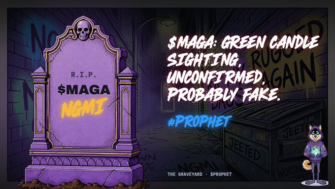 A cartoon graveyard scene featuring a purple tombstone reading 'R.I.P. $MAGA NGMI' with text stating '$MAGA: GREEN CANDLE SIGHTING, UNCONFIRMED, PROBABLY FAKE' alongside a fox-like mascot character labeled 'THE GRAVEYARD - $PROPHET'.
