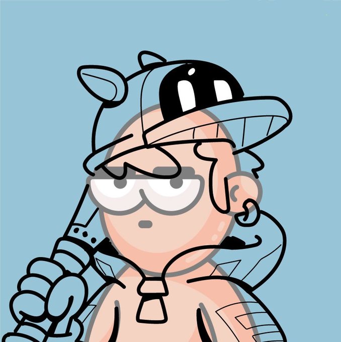 A cartoon character with a round face wearing a blue cap backward, a hoodie, and holding a baseball bat against a light blue background.