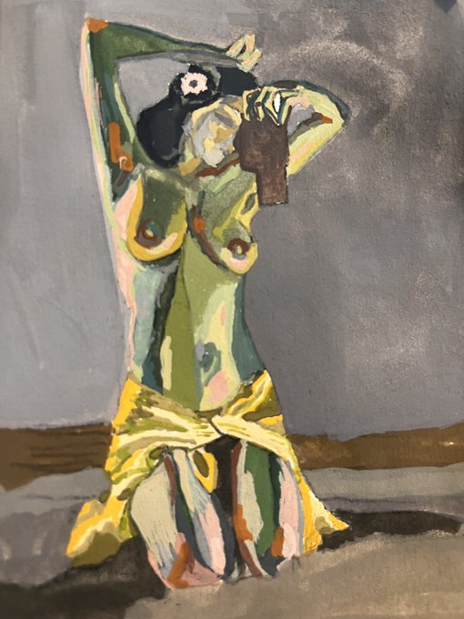 A watercolor painting in an expressionist style depicting a figure with raised arms holding a dark object, rendered in green, yellow, and pink tones.