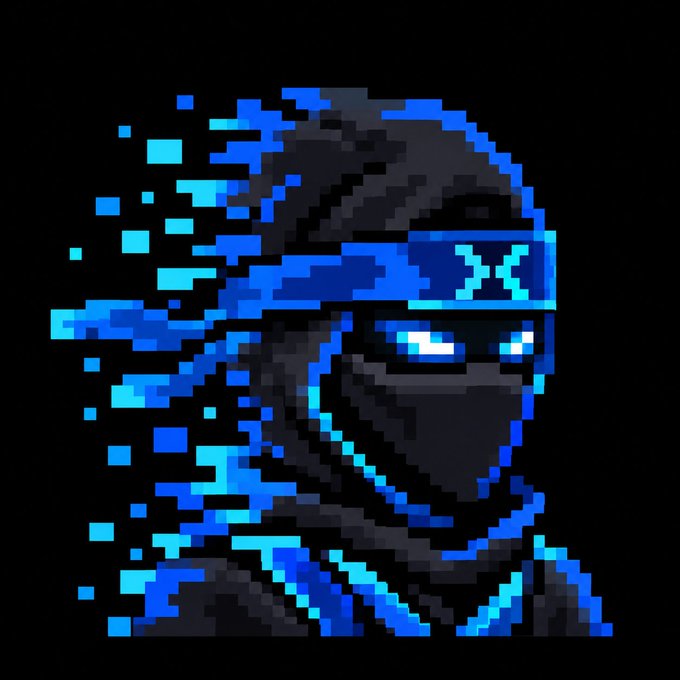 A pixel art illustration of a futuristic ninja character wearing a black mask and blue glowing visor, with blue digital fragments dispersing from their head.