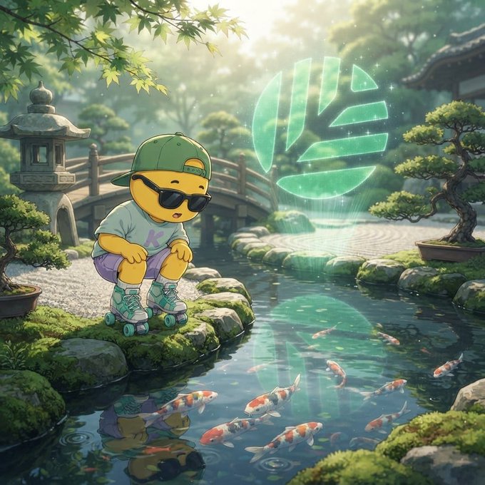 A stylized anime illustration of a yellow character wearing a green cap, sunglasses, and roller skates by a koi pond in a Japanese garden, with a large holographic Kusama (KSM) cryptocurrency logo floating above the water.