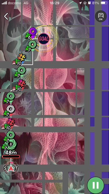 A mobile game screenshot showing a vertical track with obstacles, numbers like 10, 7, and 1, and a 'GOAL' marker near the top, with 'START' at the bottom and a pink organic background.