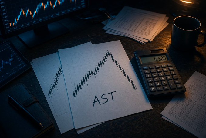 A dimly lit desk displays financial documents, a calculator showing "12500," and a hand-drawn chart on graph paper labeled "AST," with a monitor showing stock data in the background.