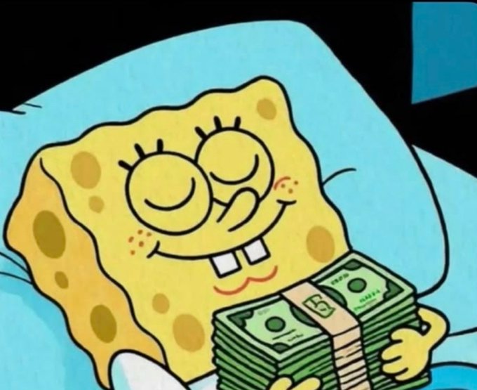 SpongeBob SquarePants lies in bed with his eyes closed and a blissful smile, clutching a thick stack of cash labeled "100." The image humorously illustrates the "how to sleep" post by suggesting that the secret to peaceful sleep is the comfort of having money.