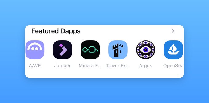 Web3 browser homepage displaying 'Featured Dapps' including AAVE, Jumper, Minara F..., Tower Ex..., Argus, and OpenSea.