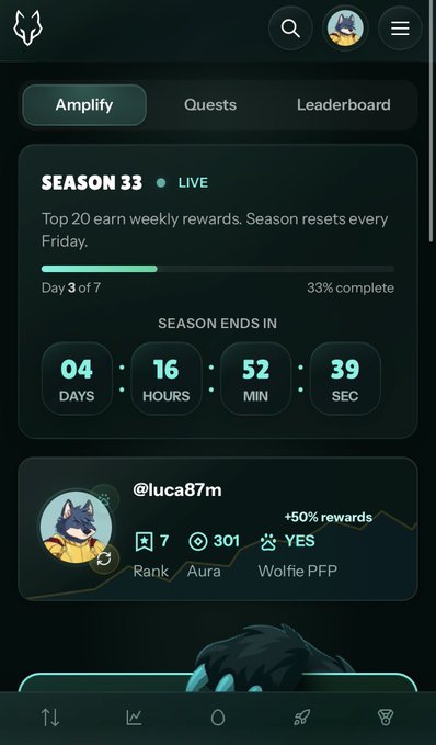 The image features a cell phone screen displaying details related to a gaming app called "Wolfswap" or an app called "Wolfie". The user's name appears at the bottom, and there are several other names listed below him, including one named "Aura". The top of the post reads "7th place secured in Season 33 @wolfswapdotapp", and the main content focuses on the game being played. The app provides updates about rewards earned during gameplay and mentions that the top ranked player is a wolf character called Wolfie. The post also suggests ways to improve or increase the user's rank, such as completing levels faster or spending more time playing the game.