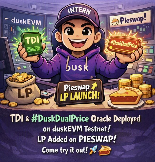 A promotional graphic features a cartoon character holding signs for 'TDI' and '#DuskDualPrice', announcing 'TDI & #DuskDualPrice Oracle Deployed on duskEVM Testnet! LP Added on PIESWAP!'.
