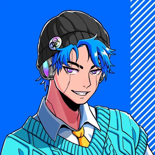 A stylized illustration of a blue-haired anime-style character wearing a black beanie, headphones, and a teal sweater with a yellow tie, smiling confidently against a blue background with diagonal stripes on the right side. The image appears to be a profile picture accompanying a morning greeting post directed at "@TenseiExe," with the character's friendly smile embodying the post's message to "keep up that smile and stay happy."