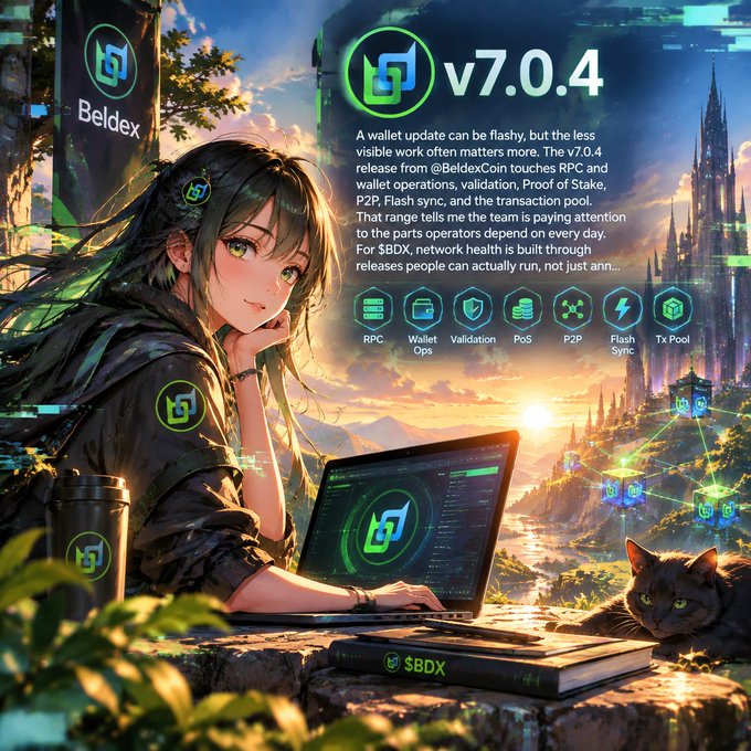 An anime-style illustration promotes Beldex v7.0.4, showing a dark-haired character with a laptop, listing features like RPC, Wallet Ops, Validation, PoS, P2P, Flash Sync, and Tx Pool.