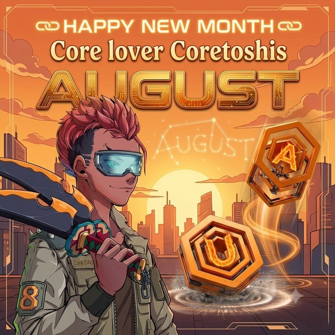 An animated digital graphic wishing 'HAPPY NEW MONTH Core lover Coretoshis AUGUST' featuring a stylized character with red hair and goggles alongside glowing hexagonal logos.