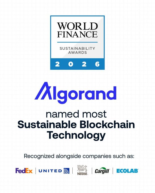 A World Finance Sustainability Awards 2026 graphic announcing Algorand as the most Sustainable Blockchain Technology, recognized alongside FedEx, United, Nestlé, Cargill, and Ecolab.