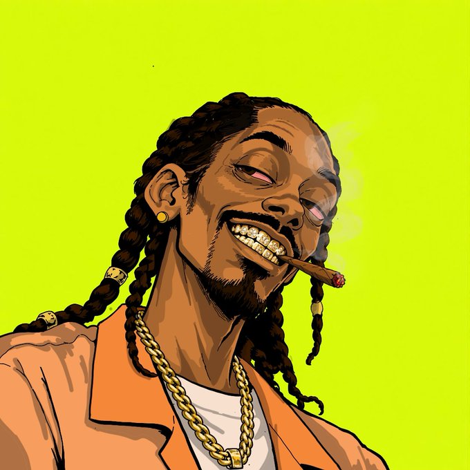 A cartoon-style illustration shows a man with braided hair, diamond-encrusted grillz, and gold chains smoking a cigar against a vivid lime green background.
