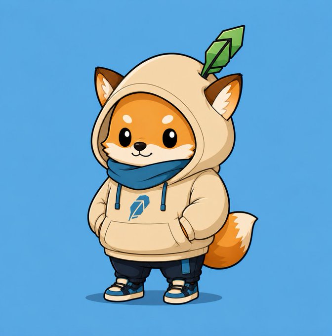 A chibi-style anthropomorphic Shiba Inu fox wearing a cream hoodie with a leaf accessory and blue scarf stands against a light blue background, representing the $HOODZI mascot for the token's upcoming Robinhood launch. The cute illustrated character embodies the playful branding of the 1,000 unique Hoodzi collection mentioned in the post.