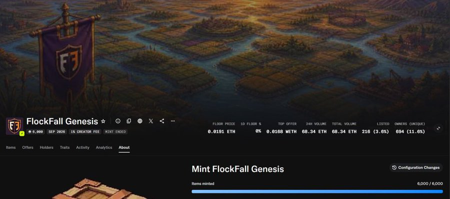 A webpage screenshot displays an NFT collection called 'FlockFall Genesis' with a floor price of 0.0191 ETH, showing a fantasy landscape header and a minting progress bar at 6,000/6,000 items minted.