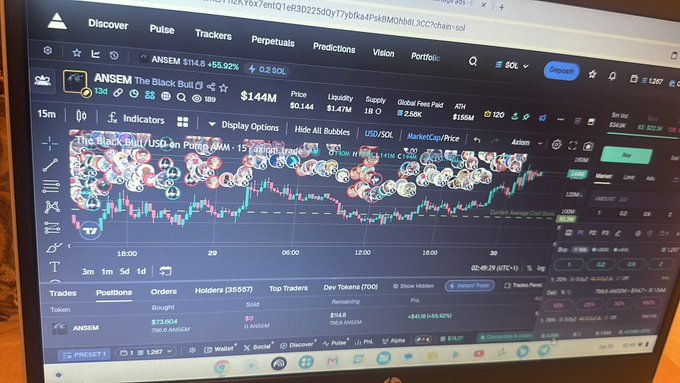 A computer monitor displays the Birdeye trading platform showing the ANSEM token (The Black Bull) chart with a price of $144M, market cap $1.144M, and a 15-minute candlestick chart marked with various emoji icons.