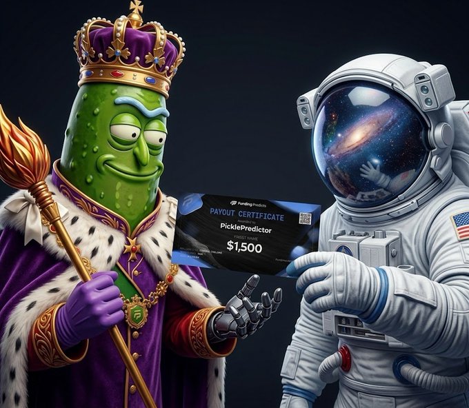 A digital illustration of Pickle Rick from Rick and Morty dressed as a king holding a scepter, presenting a $1,500 PicklePredictor payout certificate to an astronaut with a galaxy reflected in his visor.