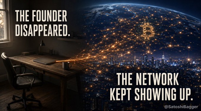 An inspirational graphic showing a Bitcoin symbol made of glowing nodes floating above a nighttime cityscape, with text reading 'THE FOUNDER DISAPPEARED. THE NETWORK KEPT SHOWING UP.' and the handle @SatoshiBagger.